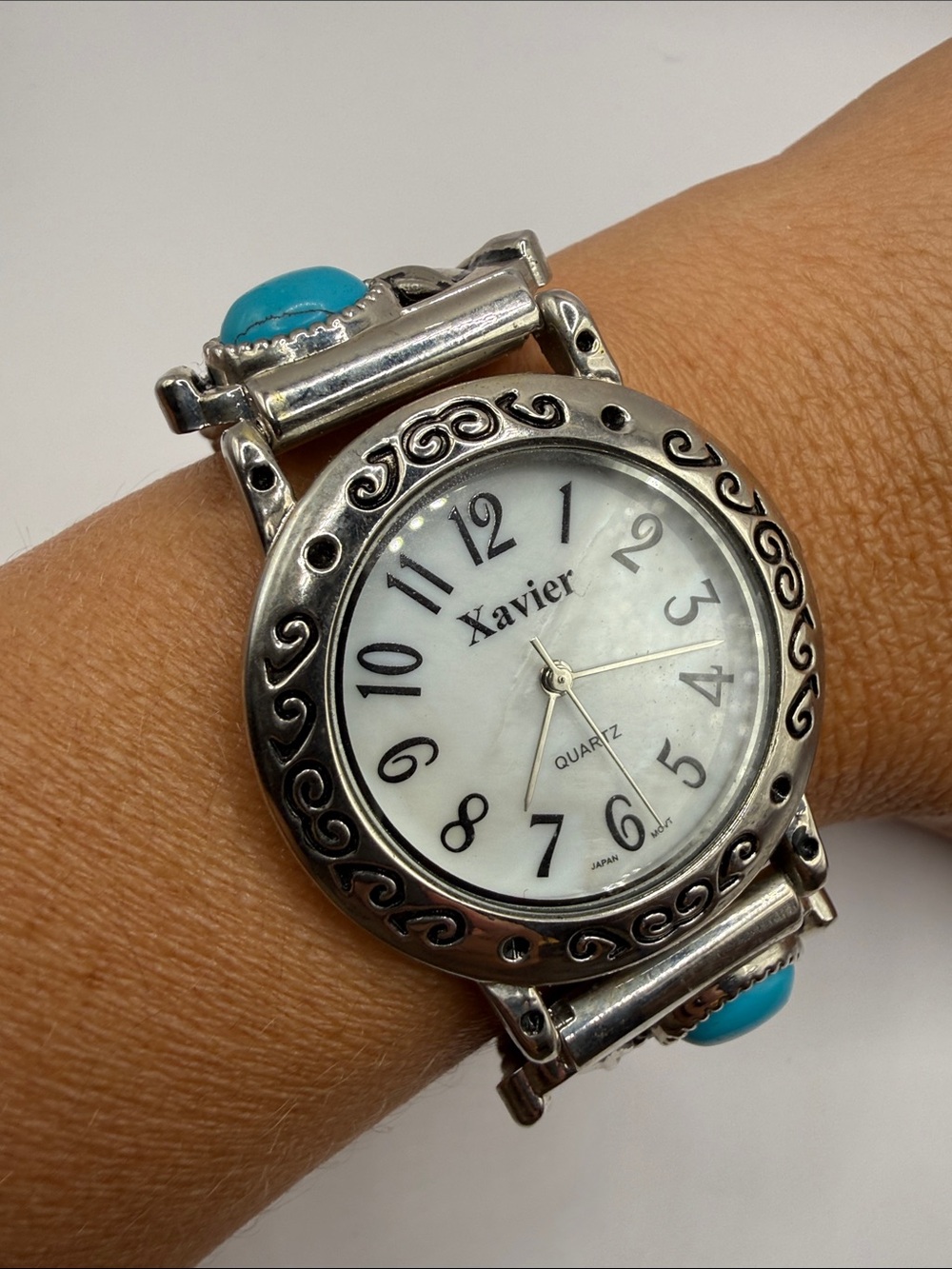 Vintage Southwestern Xavier Silver Tone Turquoise Blue Statement Watch Stretch